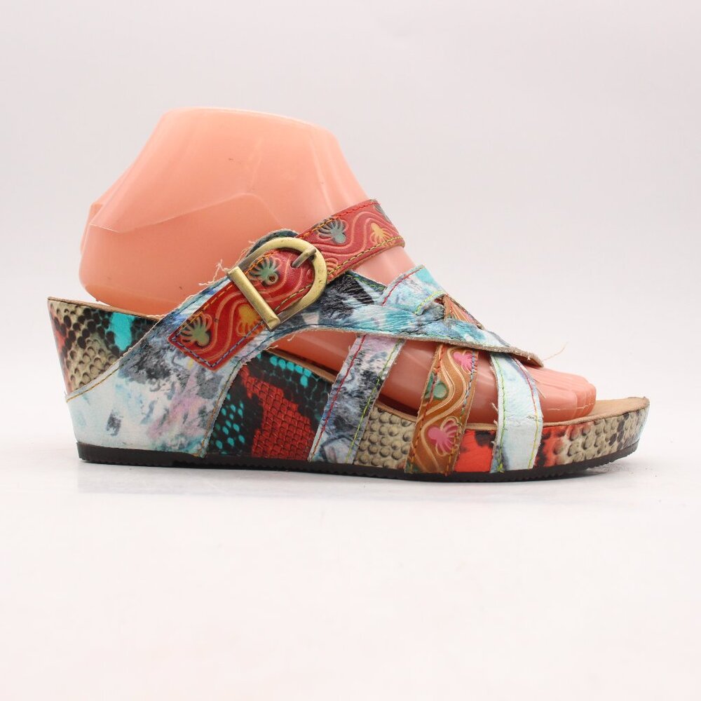Colorful Mixed-Print Wedge Slide Sandals - Women's